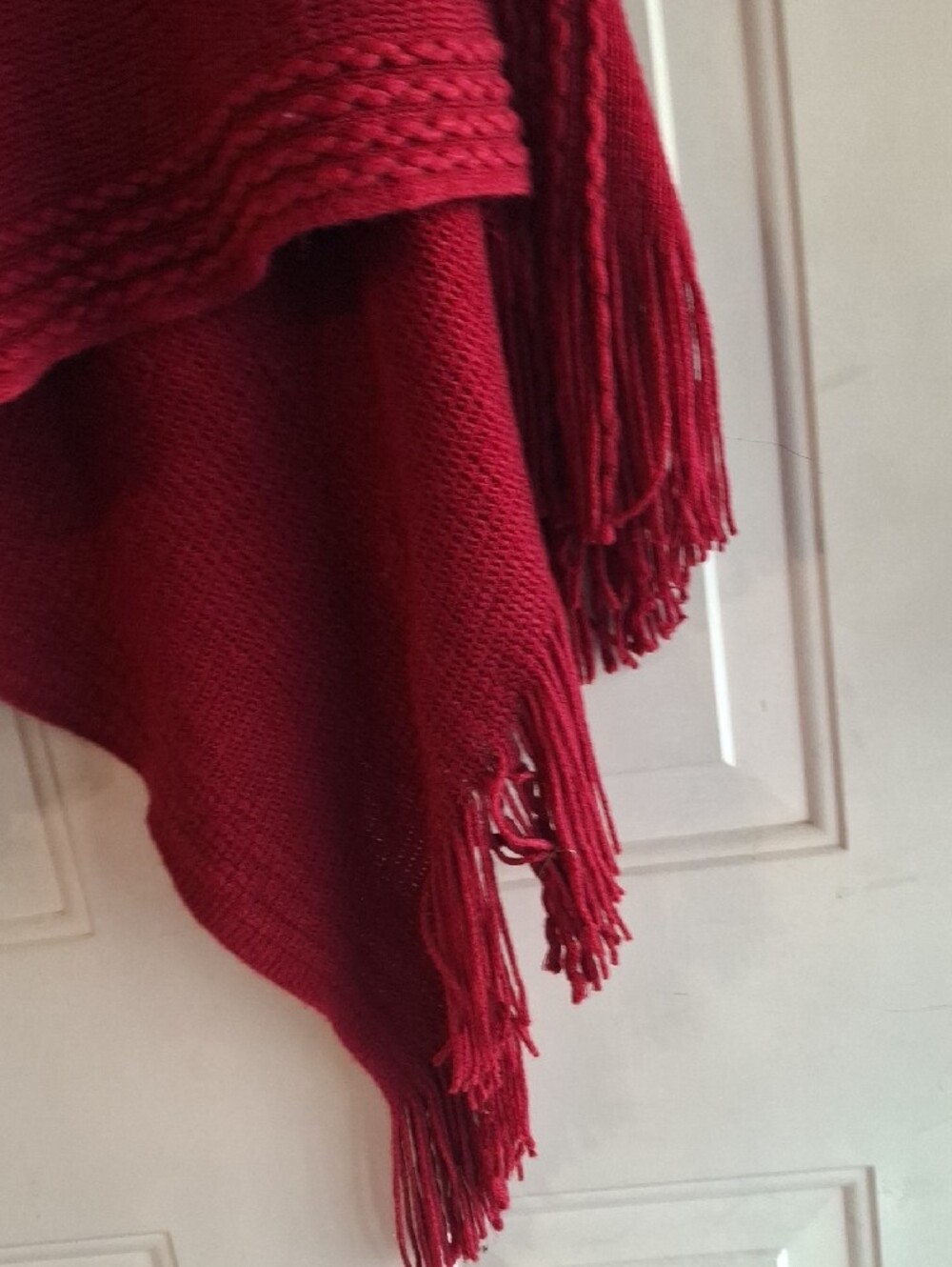 Women’s Red Pom-Pom Knit Poncho - Picture 3 of 4